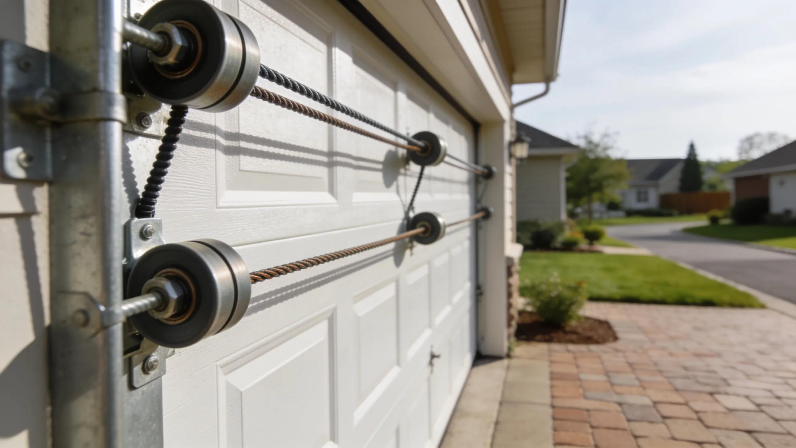 Close-up of garage door rollers and cables emphasizing their importance for functionality