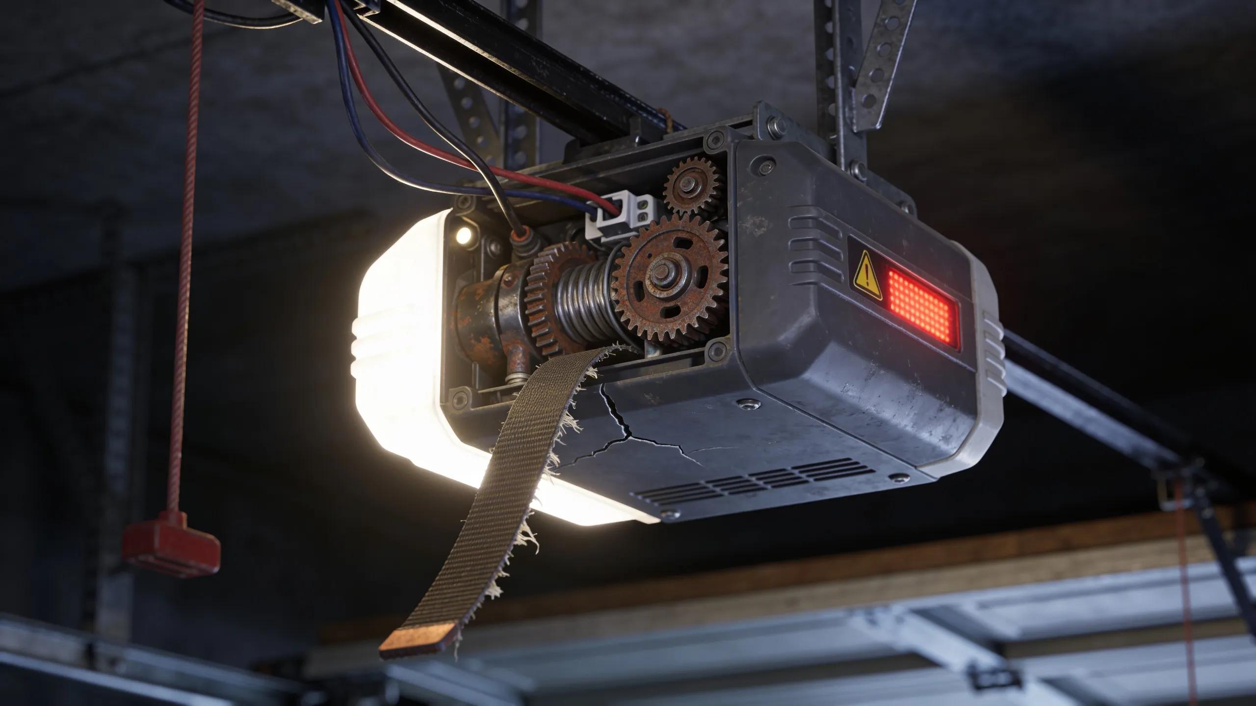 Signs indicating garage door opener issues with close-up shots of wear and safety concerns