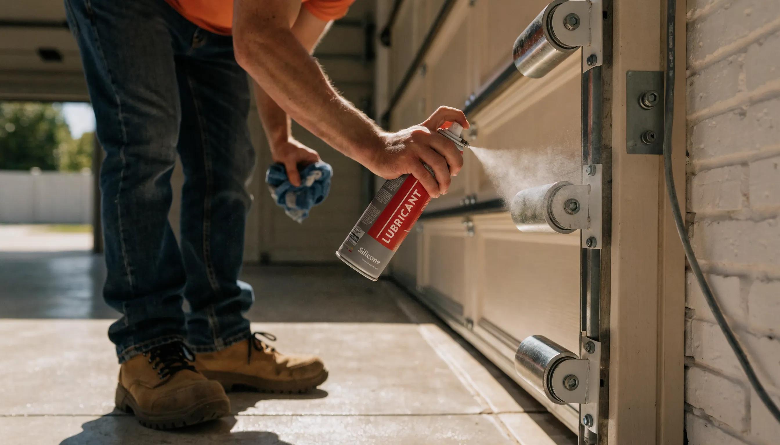 Homeowner applying lubricant to garage door components for optimal performance