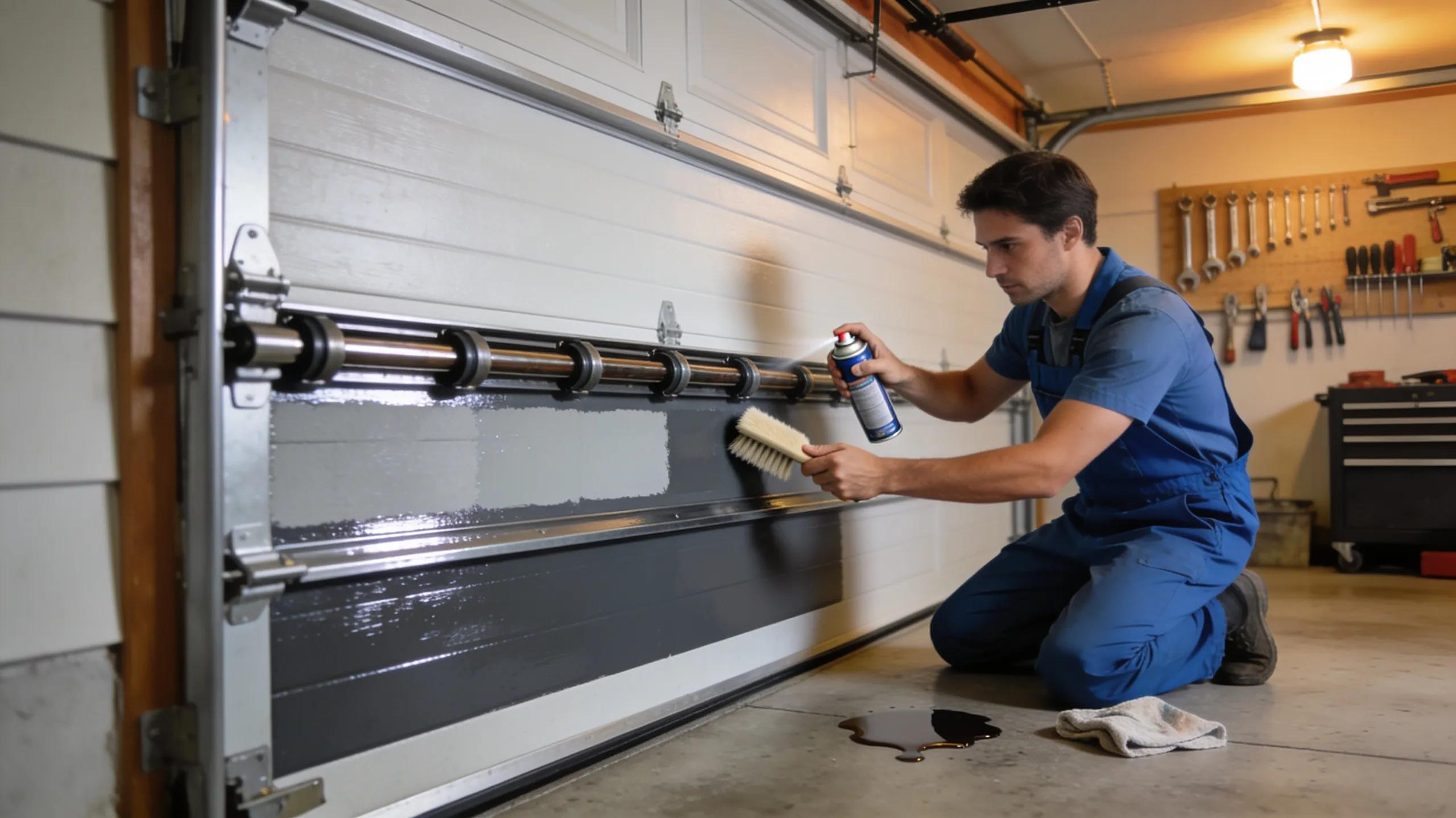 Person performing maintenance on garage door rollers, emphasizing tips for reliable performance