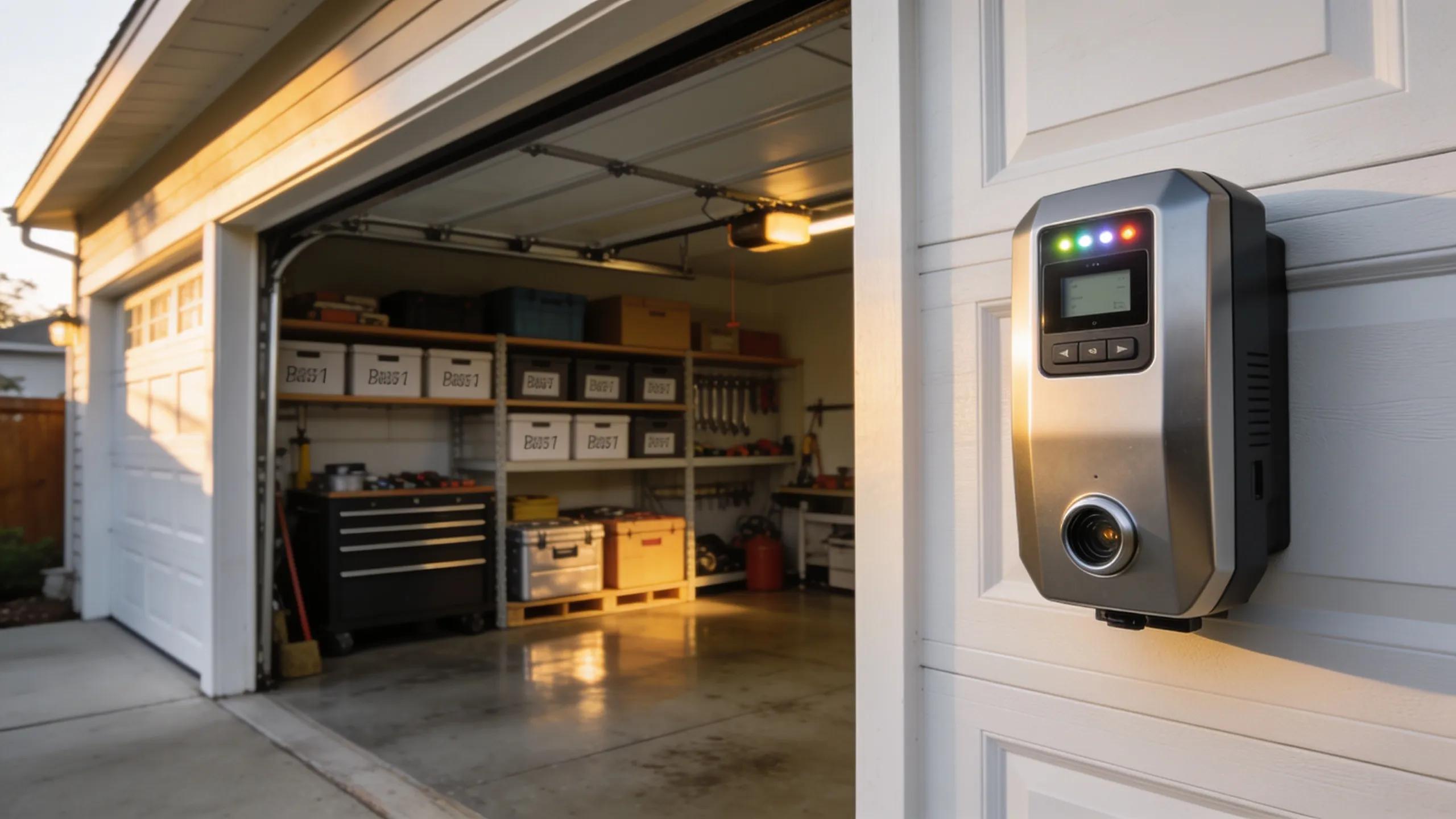 Modern garage door opener in a well-organized home garage emphasizing convenience and security