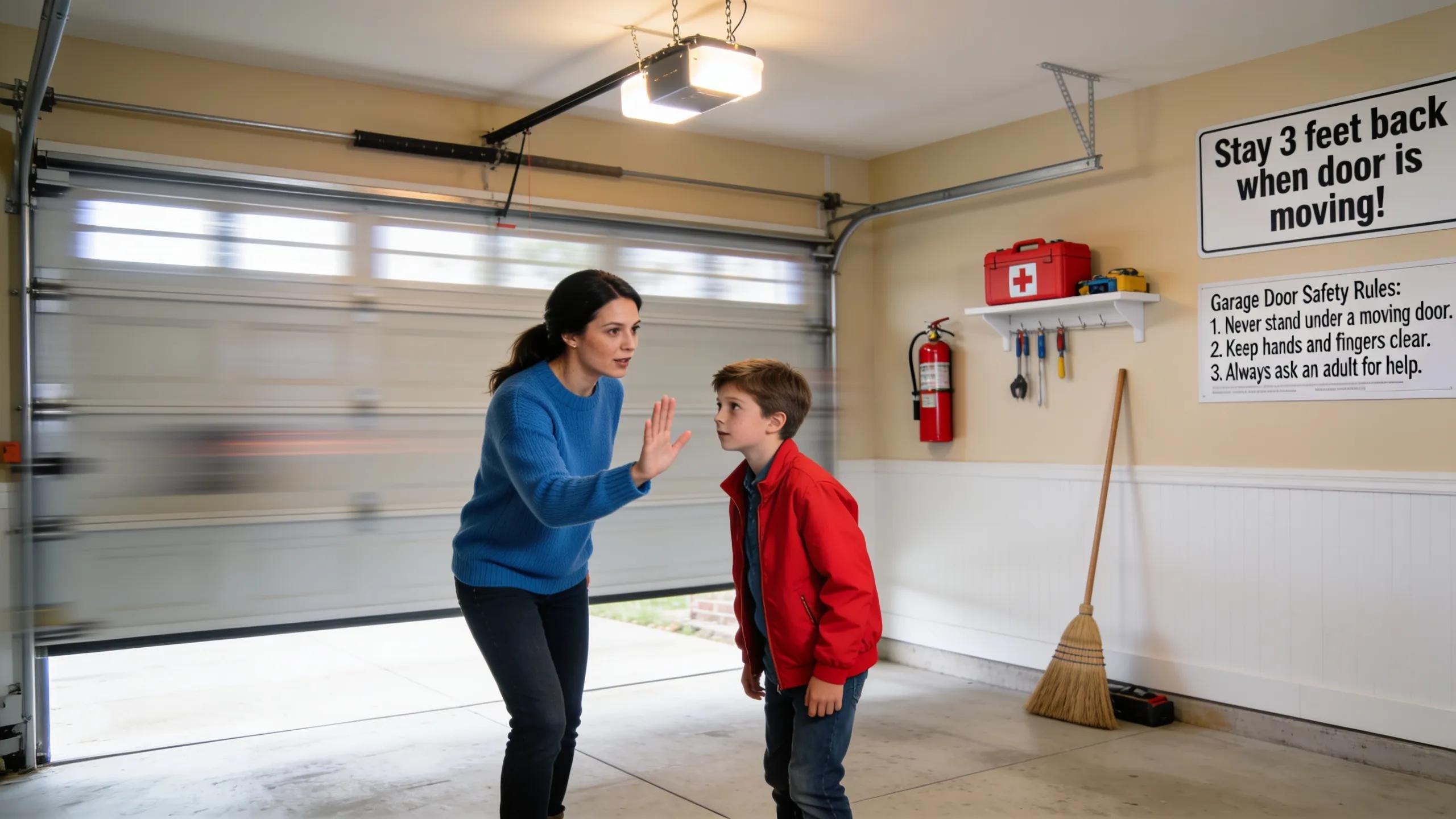 Parent educating child on garage door safety practices to protect family