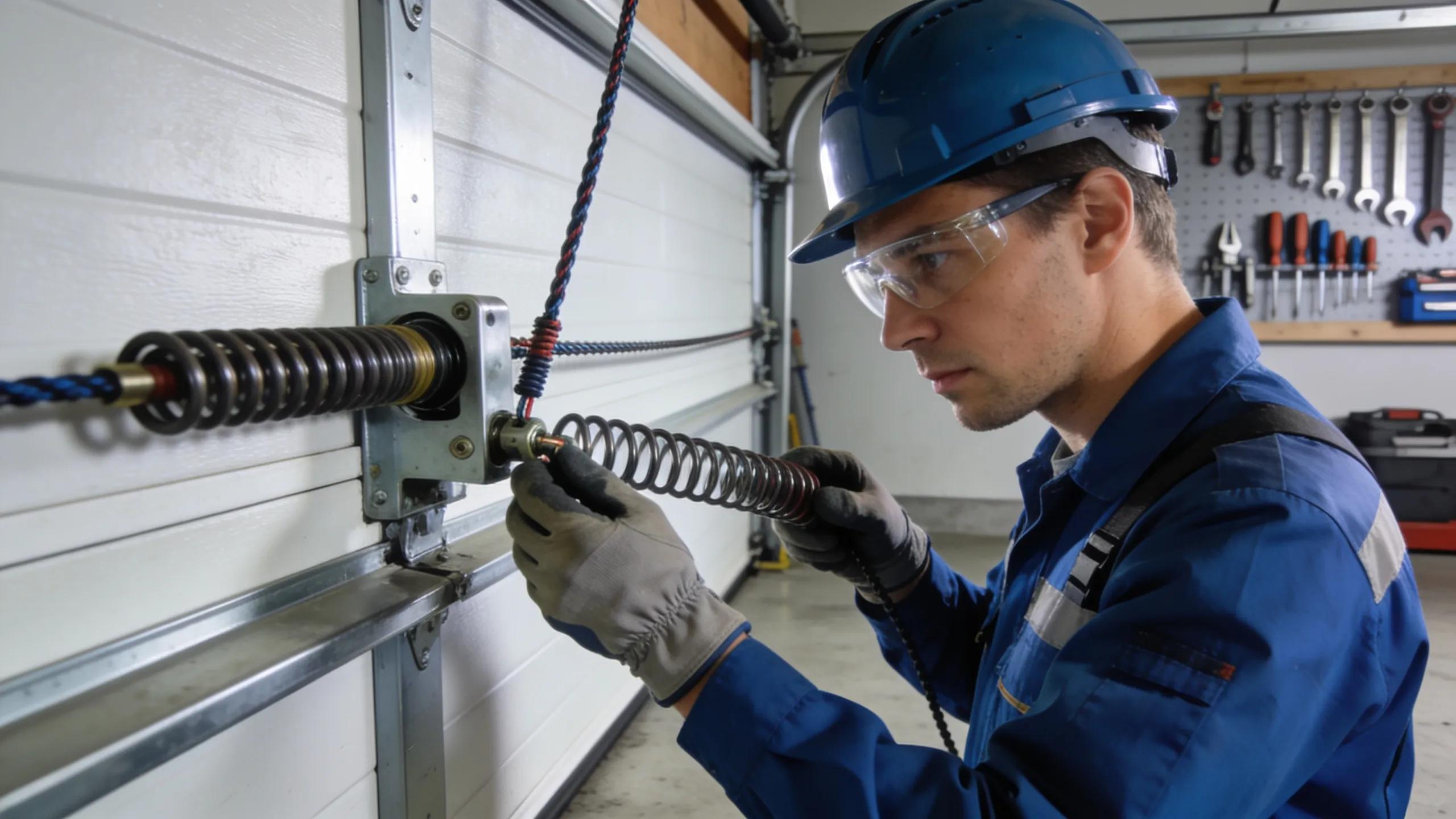 Technician inspecting mechanical parts of a garage door, highlighting repair expertise and safety