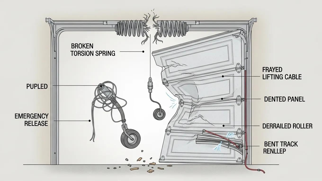 Illustration of broken garage door components emphasizing common emergency repair issues