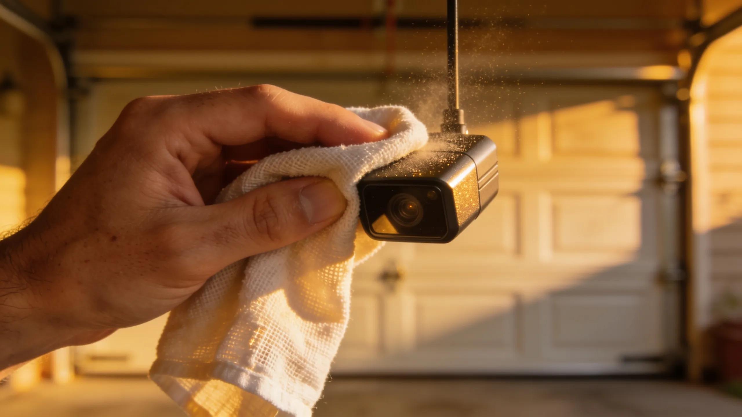Close-up of a hand cleaning a garage door sensor, emphasizing maintenance importance for proper operation