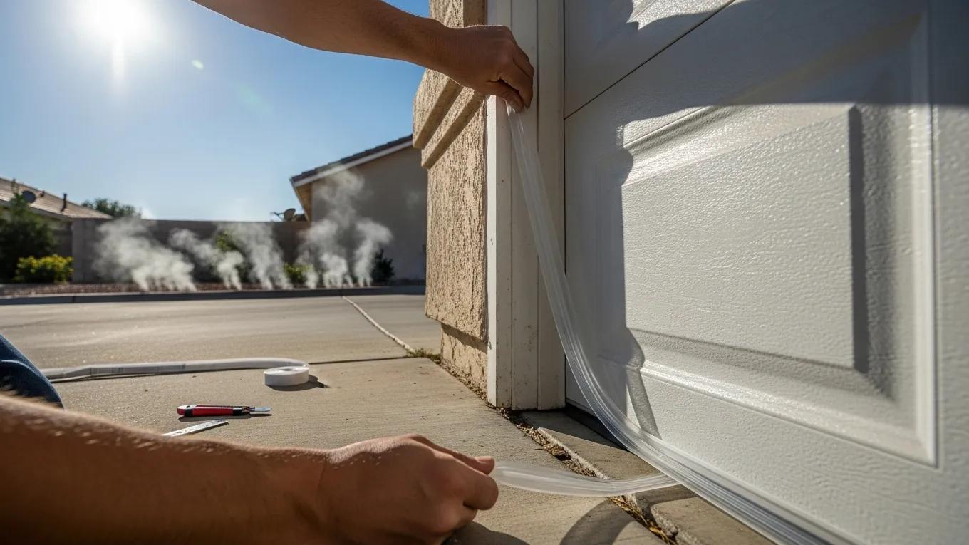 Homeowner applying weatherproofing solutions to a garage door