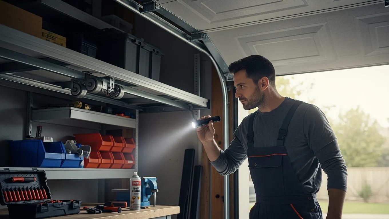Homeowner conducting preventative maintenance on garage door, promoting safety and longevity