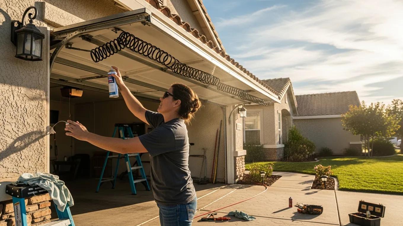 Homeowner maintaining garage door during summer heat, highlighting preventative care strategies