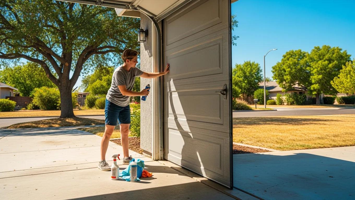 Homeowner performing garage door maintenance under warm summer sun