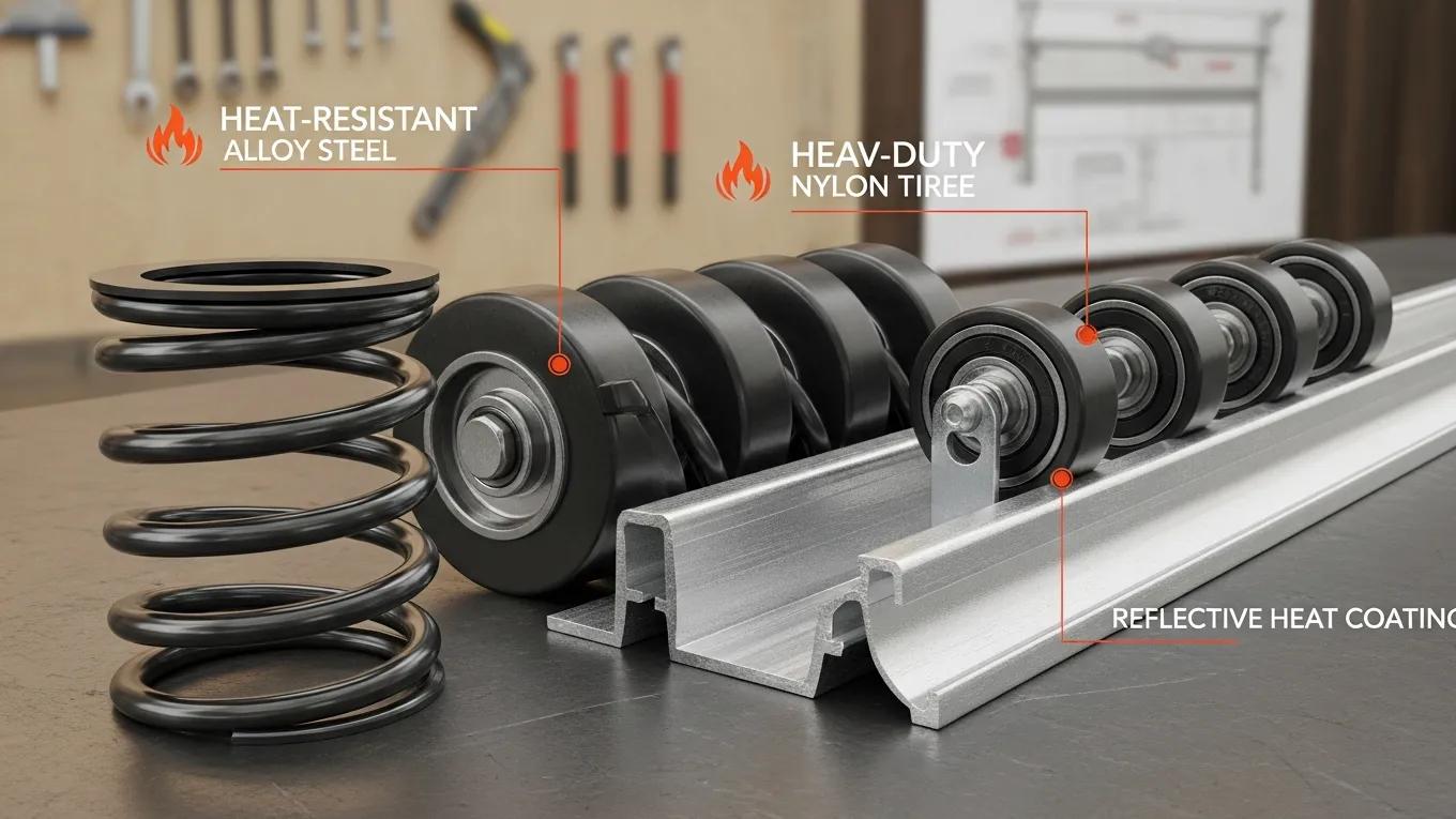 Key garage door components emphasizing vulnerability to heat damage in Fresno's climate