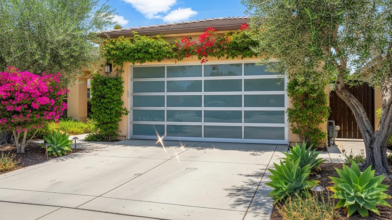 Modern garage door in a sunny Fresno residential setting highlighting summer heat implications