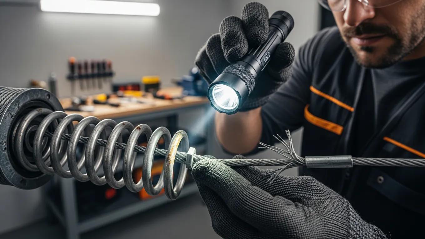 Technician inspecting garage door springs for preventive maintenance