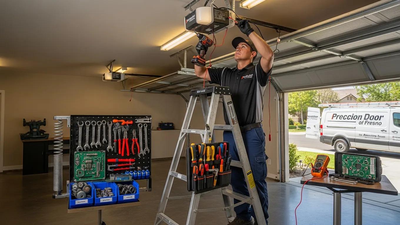 Technician repairing a garage door opener, demonstrating reliable service for homeowners in Fresno